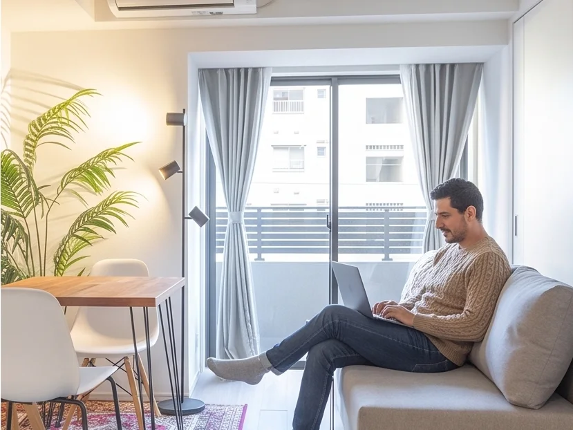 A man sitting back on the sofa of a unito apartment with a laptop on his knees, beside the balcony window