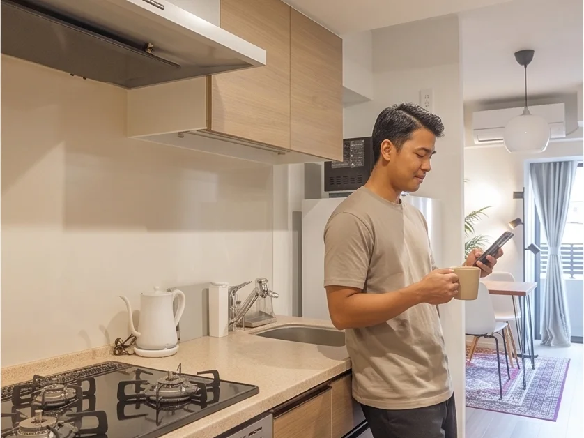 A man standing at the kitchen counter of a unito apartment with a mug and his phone, the living room and balcony behind him
