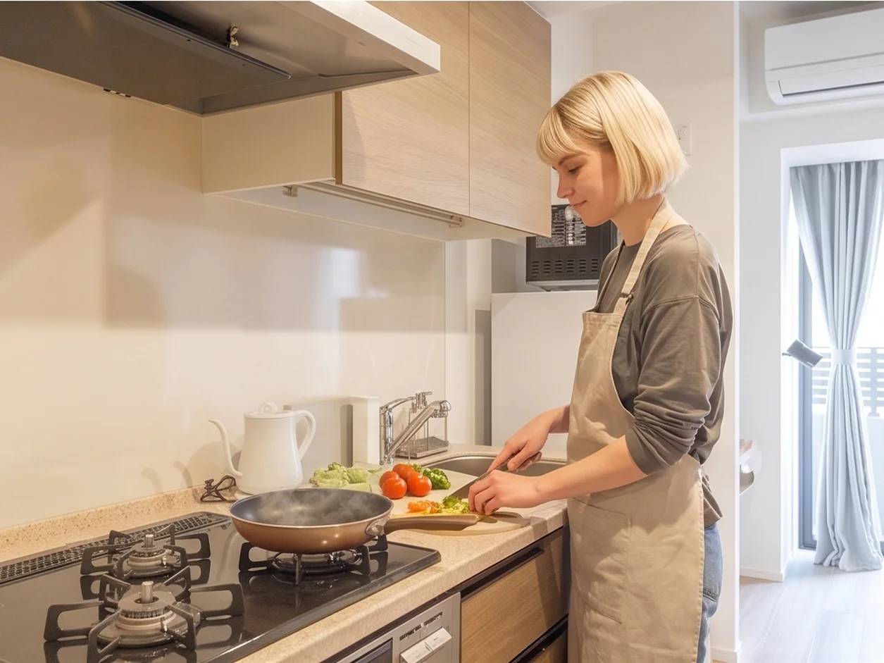 A woman in an apron chopping vegetables at the kitchen counter of a unito apartment, a pan heating on the hob